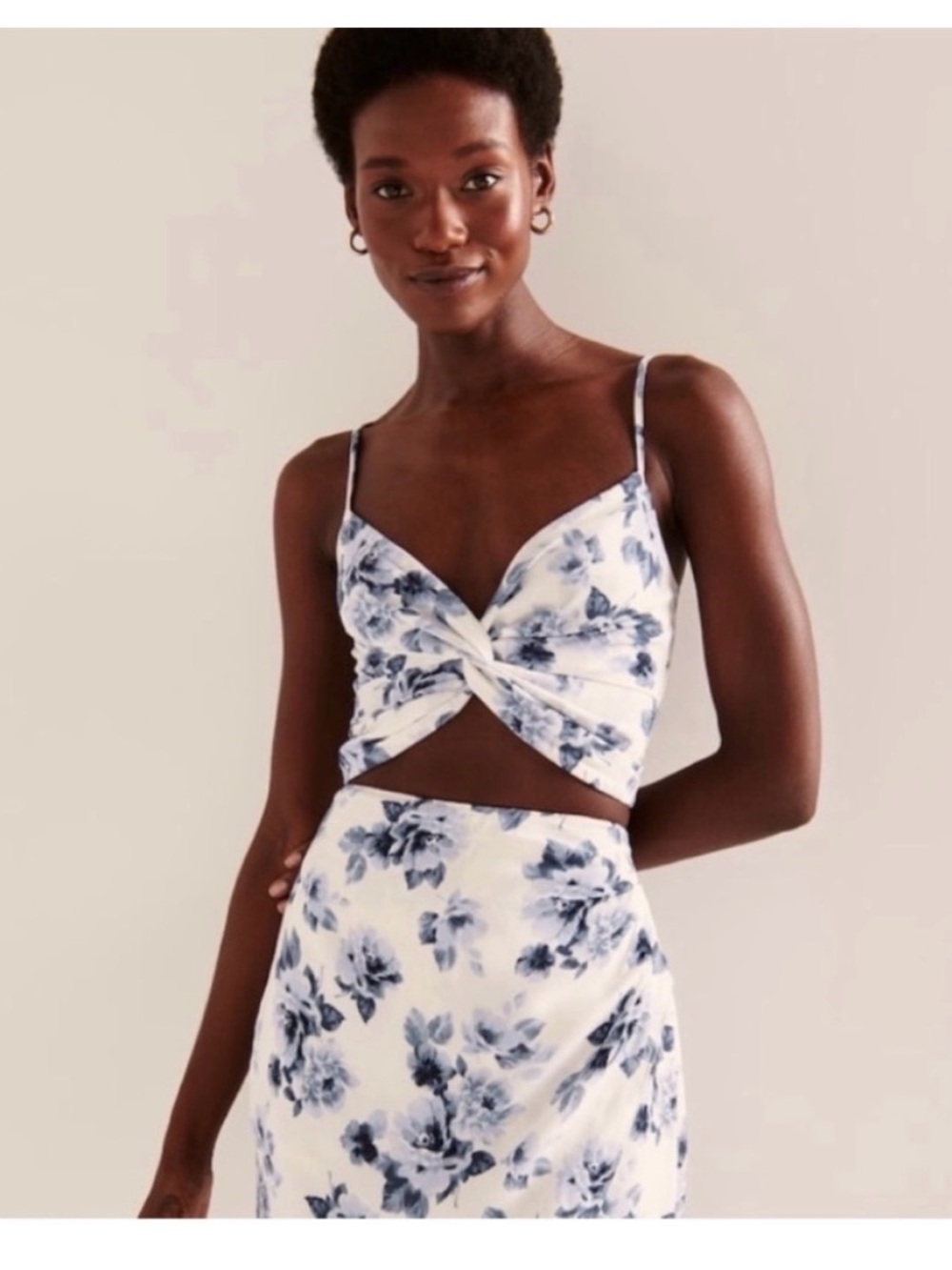 Abercrombie and Fitch Floral Twist Front Spaghetti Strap Crop Top - White & Blue